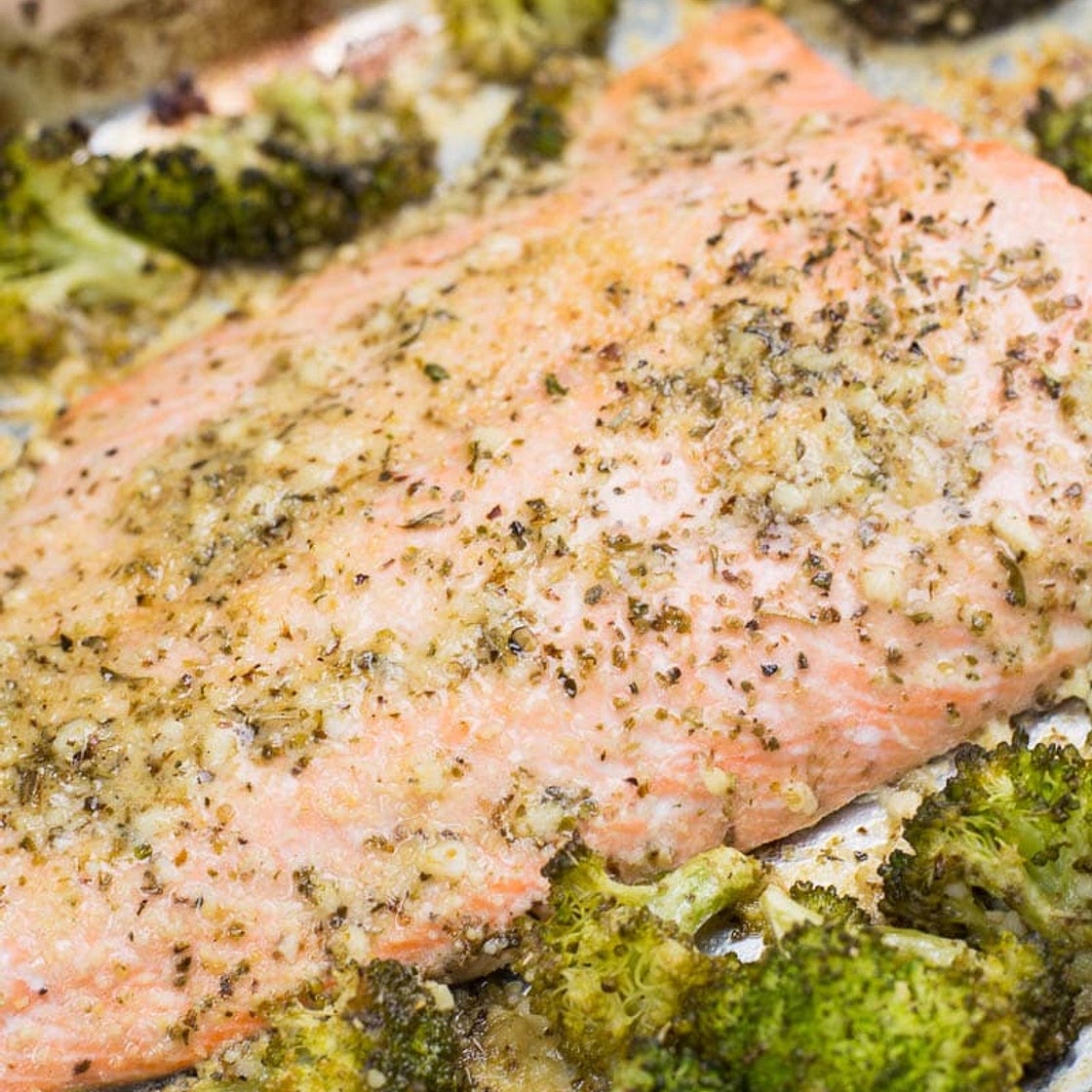 Keto Garlic Butter Salmon and Broccoli Sheet Pan Dinner