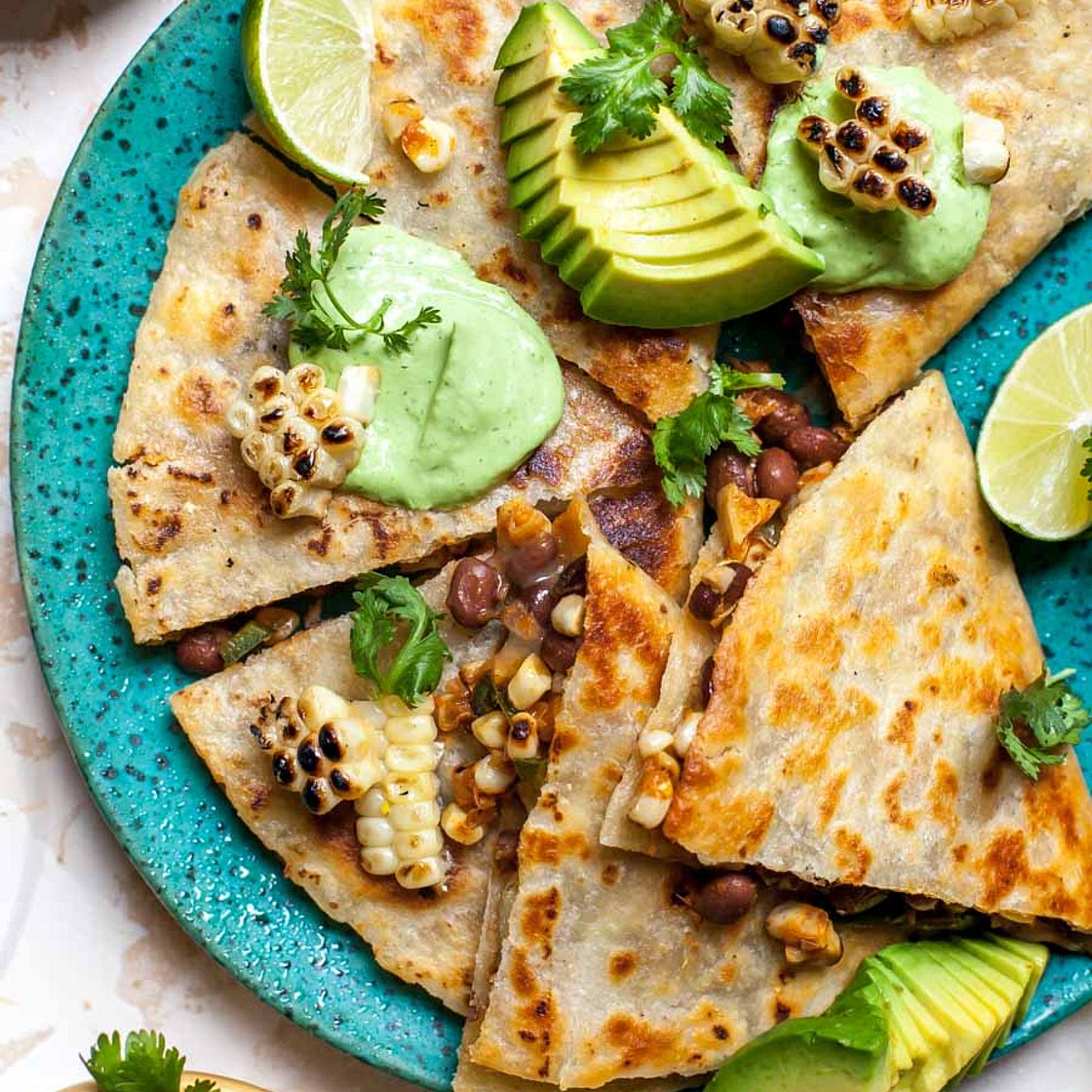 Black Bean & Corn Quesadillas with Avocado Crema