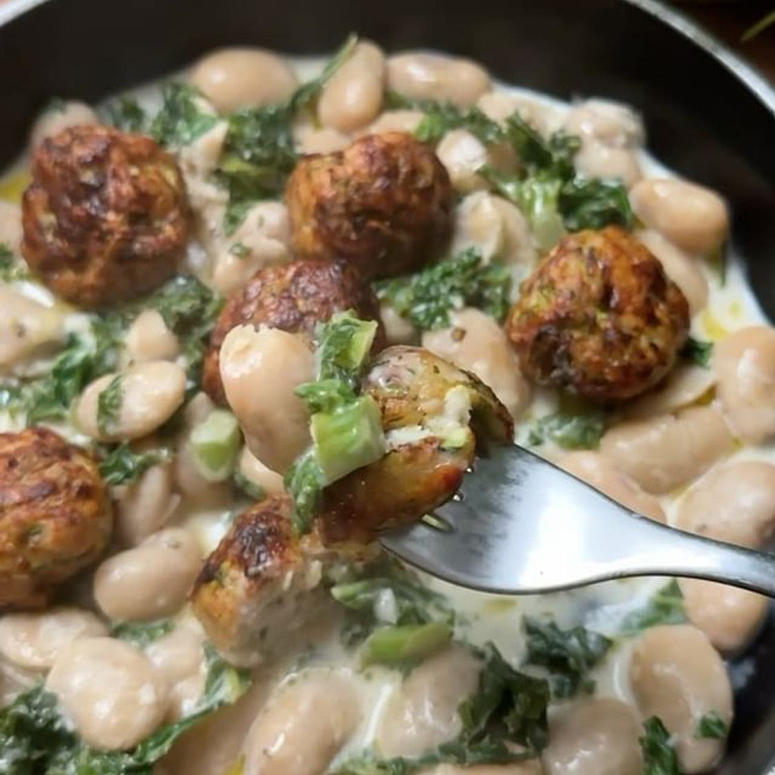 Chicken Courgette Meatballs with Creamy Butter Beans & Garlicky Kale