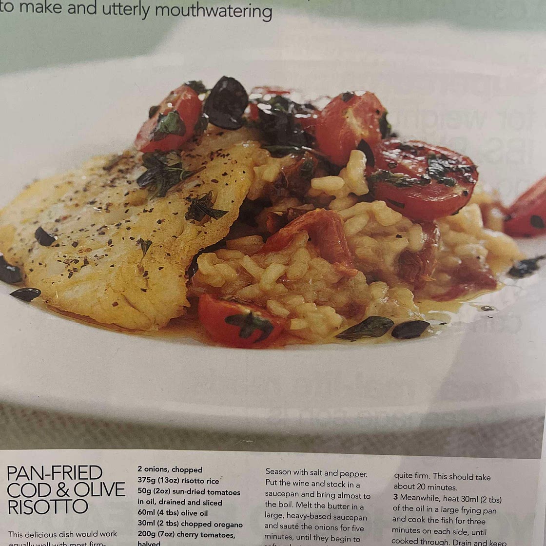 Pan fried cod and olive risotto