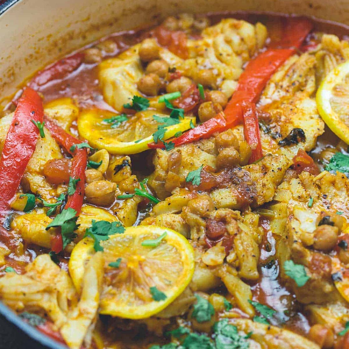 Moroccan Fish Tagine with Chickpeas and Vegetables