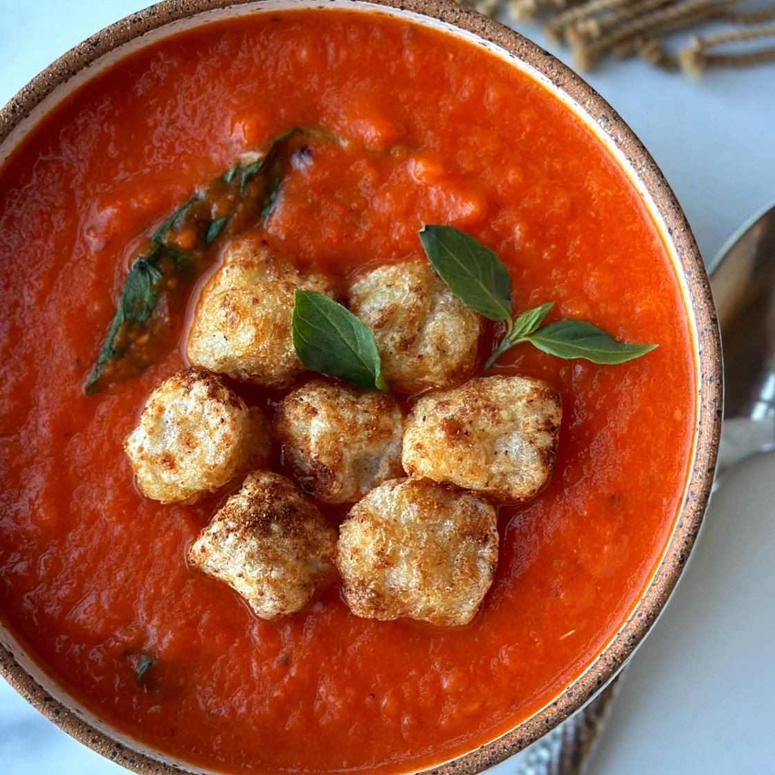 Roasted Bell Pepper Soup with Crispy Gnocchi 