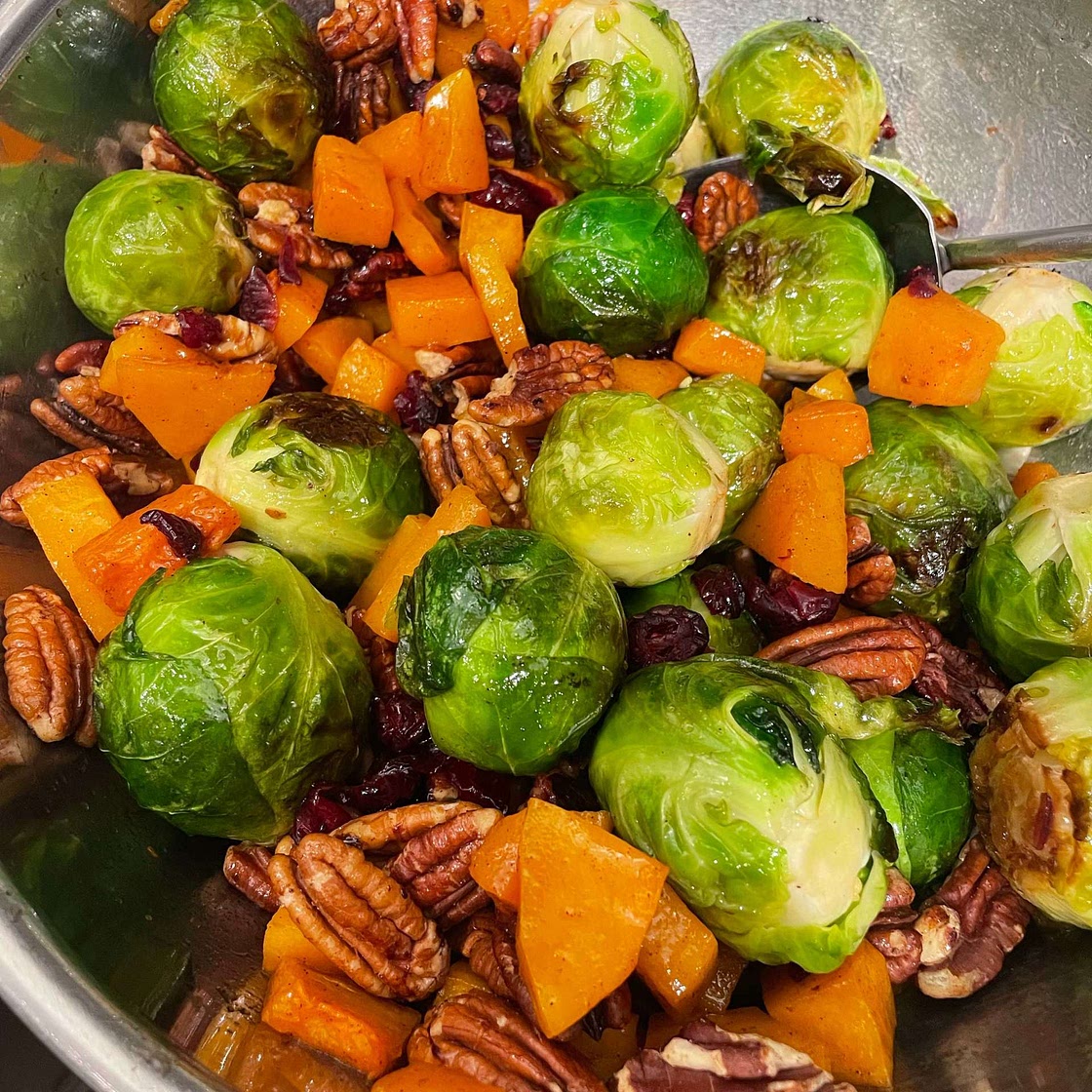 Roasted Brussels Sprouts and Cinnamon Butternut Squash with Pecans and Cranberries