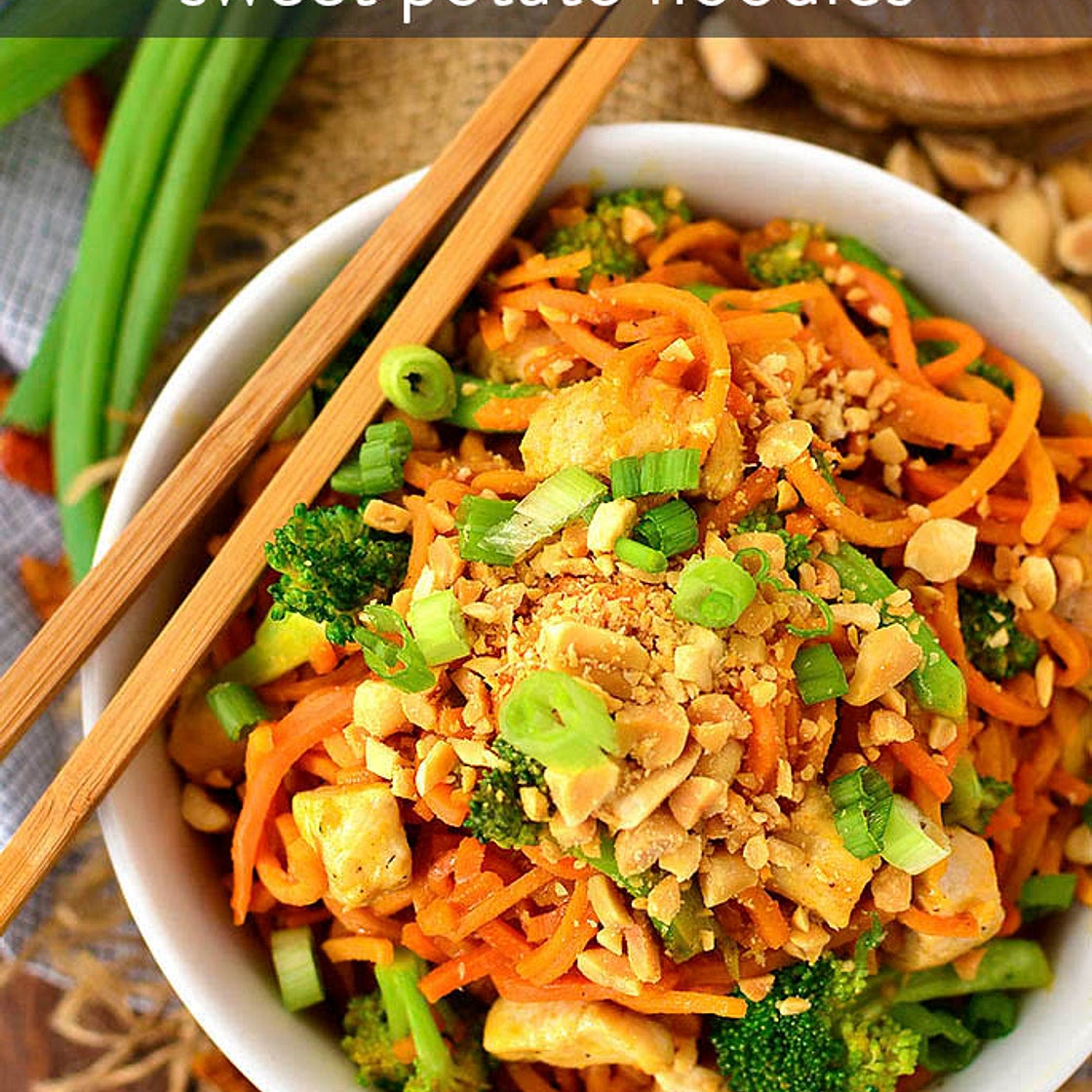 Thai Basil Chicken Stir-Fry with Sweet Potato Noodles