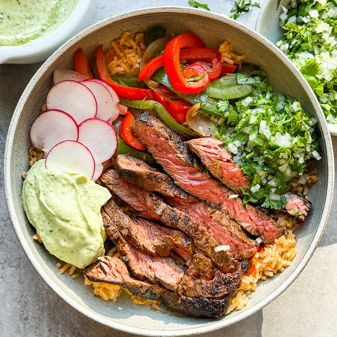 Air Fryer Carne Asada Bowls with Avocado Salsa