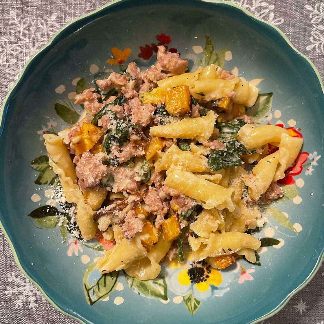 Creamy Roasted Butternut Squash Pasta with Sausage and Spinach