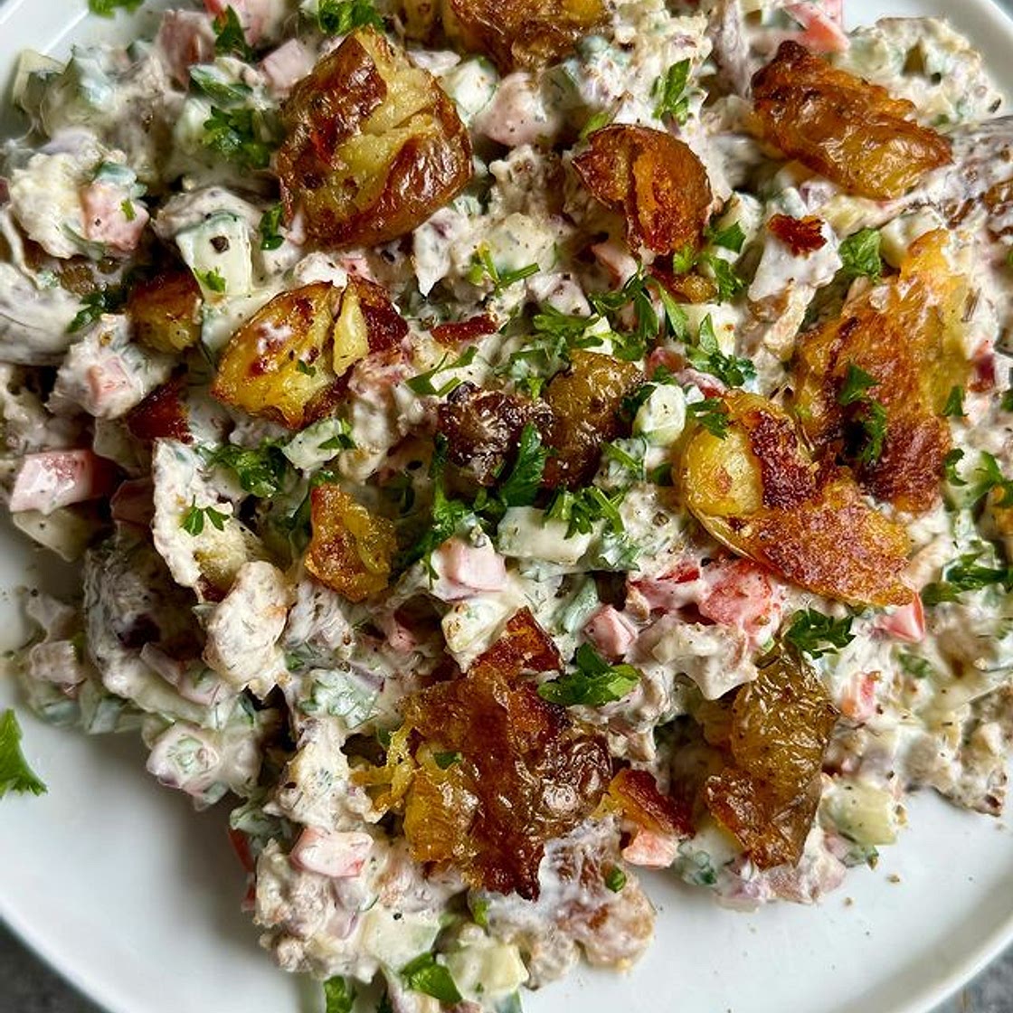 CRISPY SMASHED POTATO SALAD WITH BOURSIN CREAM! Literally one of