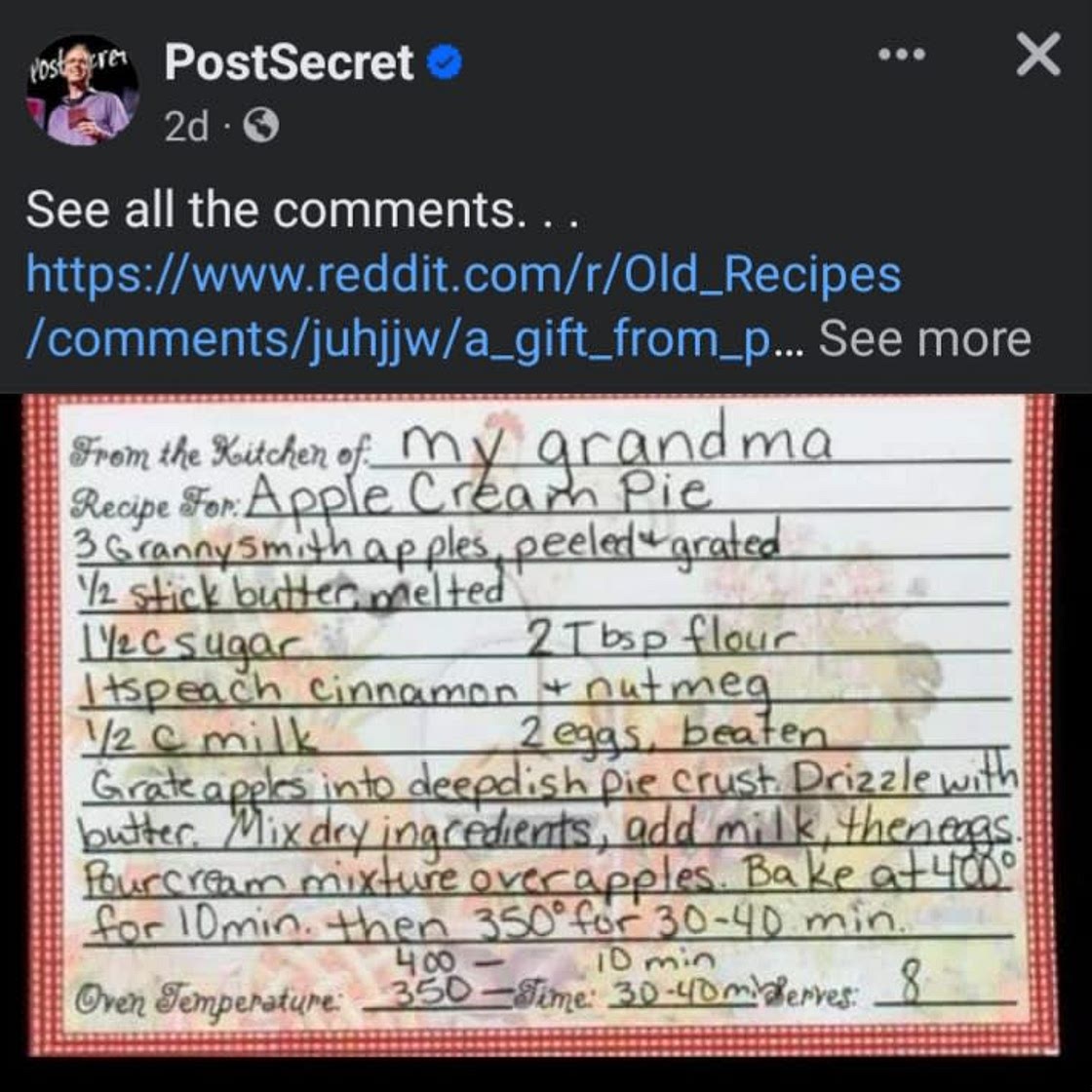 Post Secret Apple Cream Pie