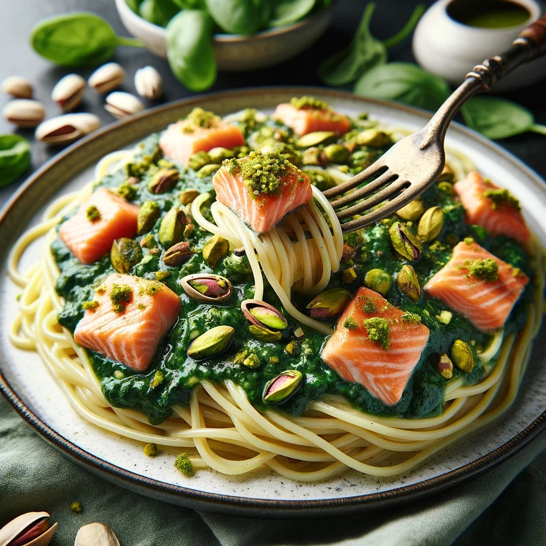 Spaghetti au saumon sauce pistache et épinard