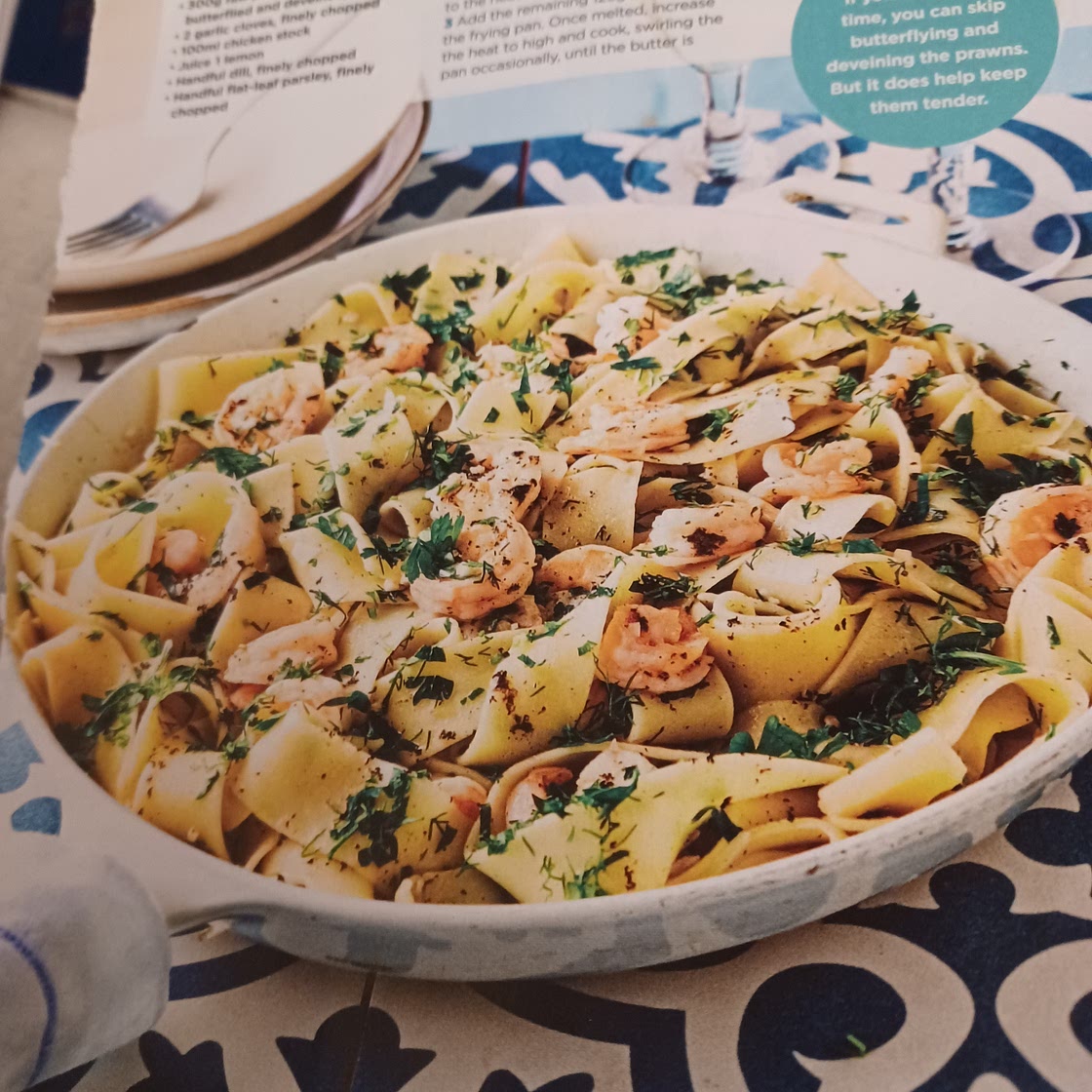 Garlic and brown butter and prawn pappardelle