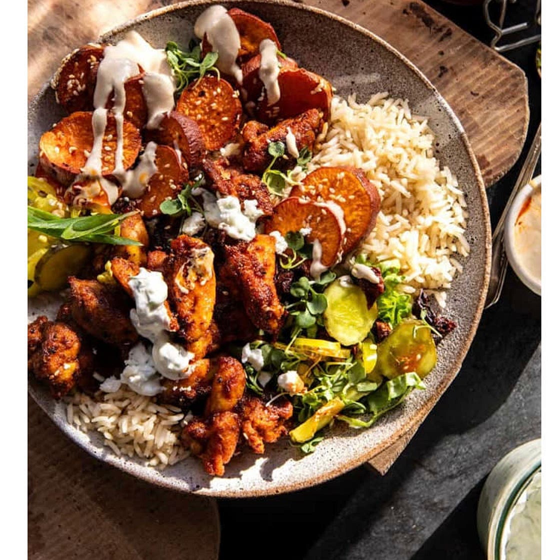 Sheet Pan Chicken Tzatziki and Sweet Potatoes - Half Baked Harve