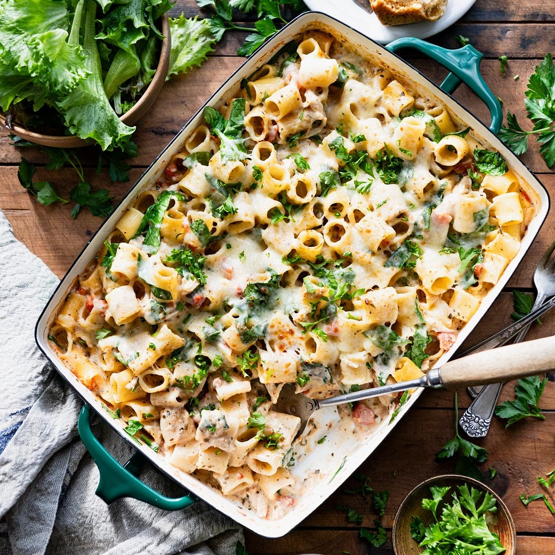 Dump-and-Bake Chicken Pesto Alfredo Pasta