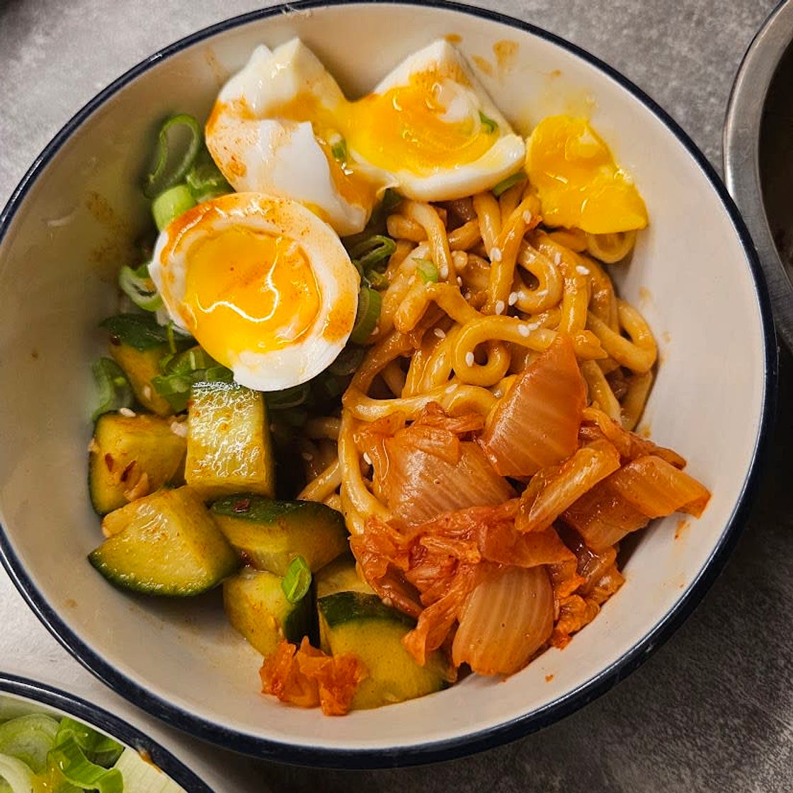 Gochujang Udon with Soft Boiled Eggs and Cucumber