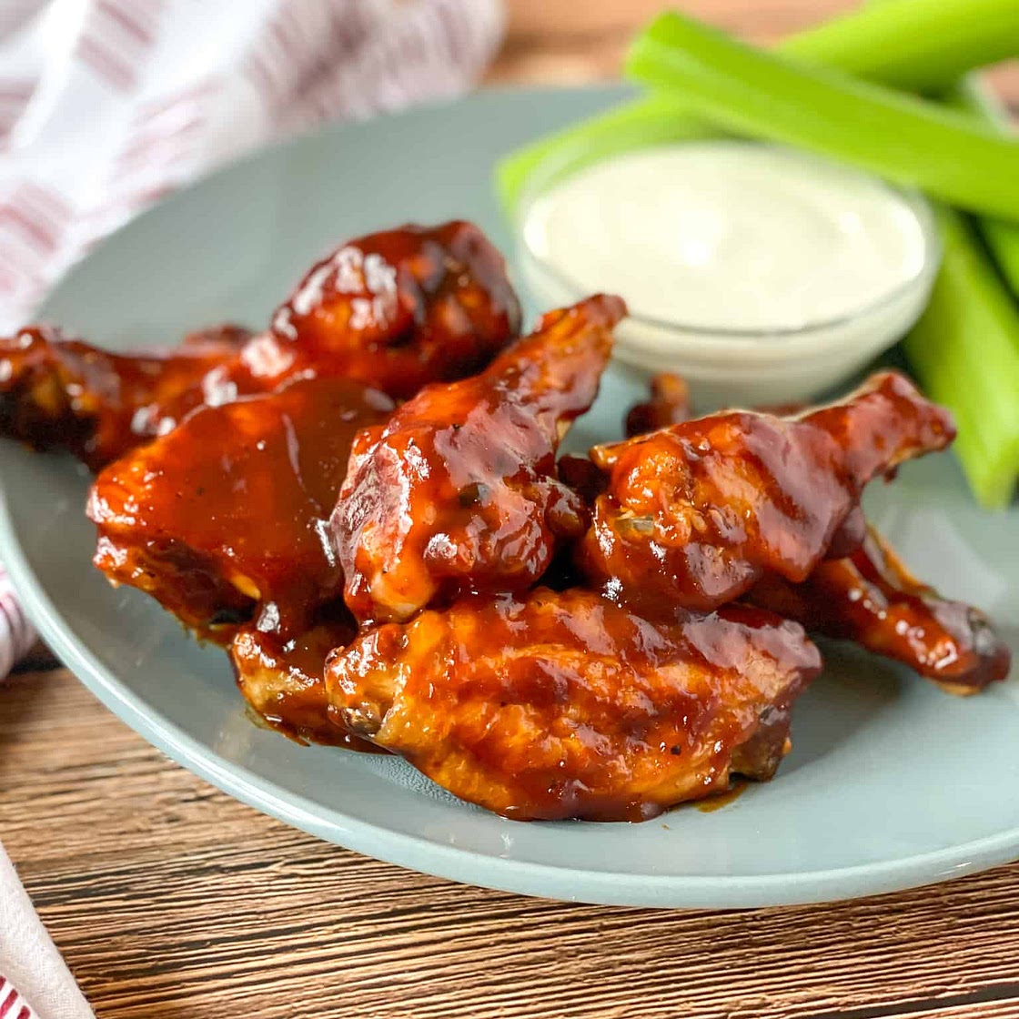Air Fryer Buffalo BBQ Chicken Wings (From Frozen)