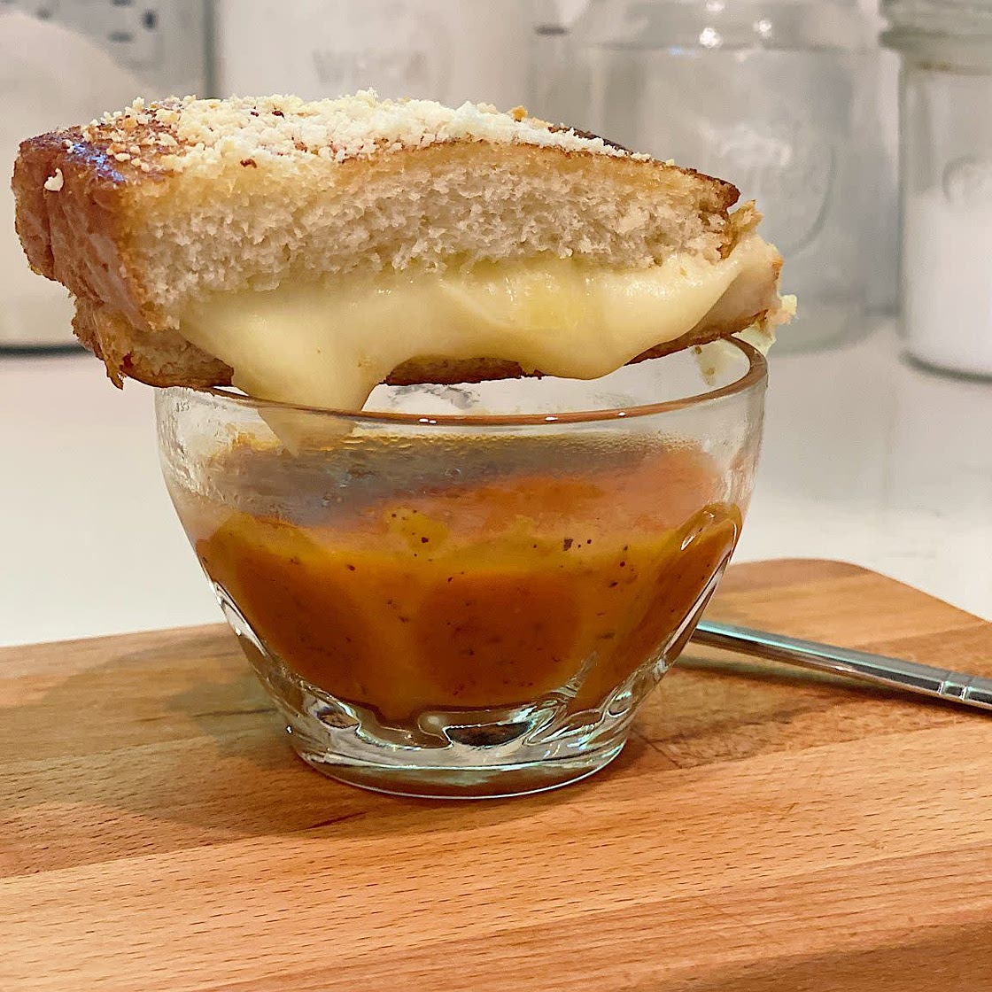 Fire Roasted Tomato Bisque and Grilled Cheese Sticks