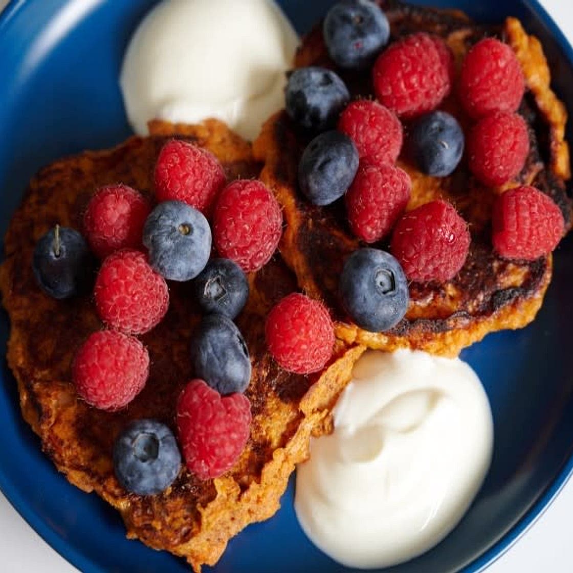 Sweet Potato Pancakes with Berries & Yoghurt (Vegetarian)