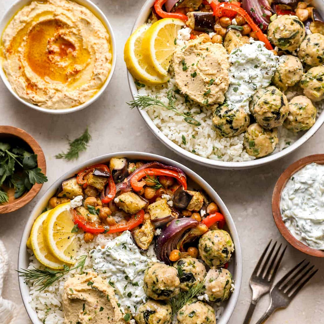 Sheet Pan Greek Meatballs with Veggies and Chickpeas