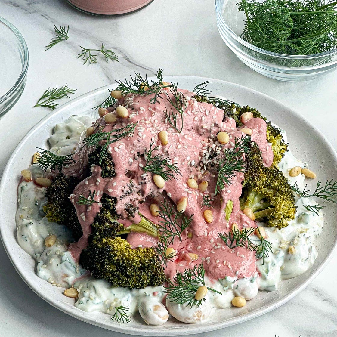 Roasted Broccoli with Bean Tzatziki & Beetroot Sauce