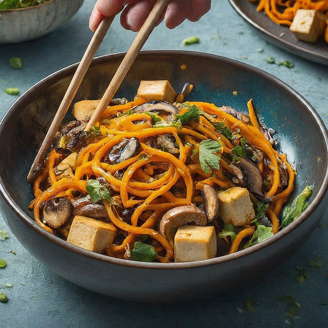 Stir-Fried Sweet Potato Noodles with Tofu & Mushrooms