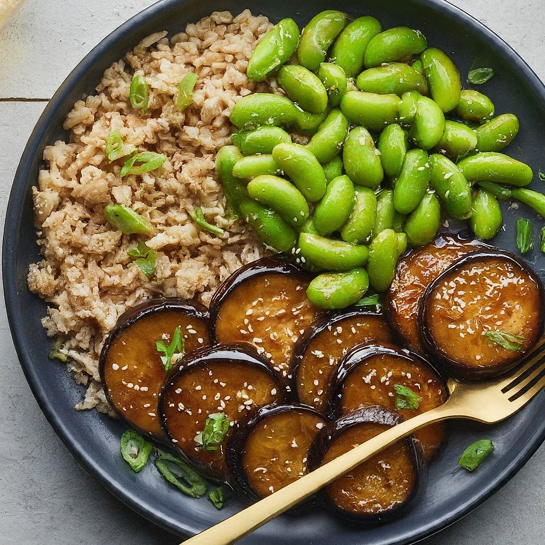 Miso Glazed Eggplant with Edamame & Brown Rice