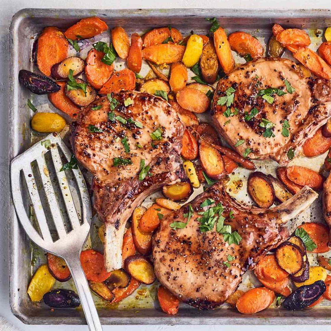 Sheet-Pan Maple-Mustard Pork Chops & Carrots