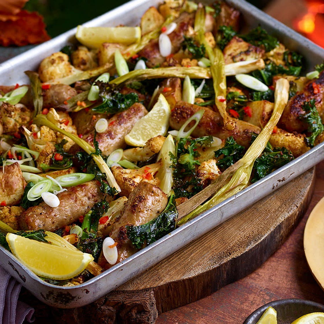 Smoky sausage traybake