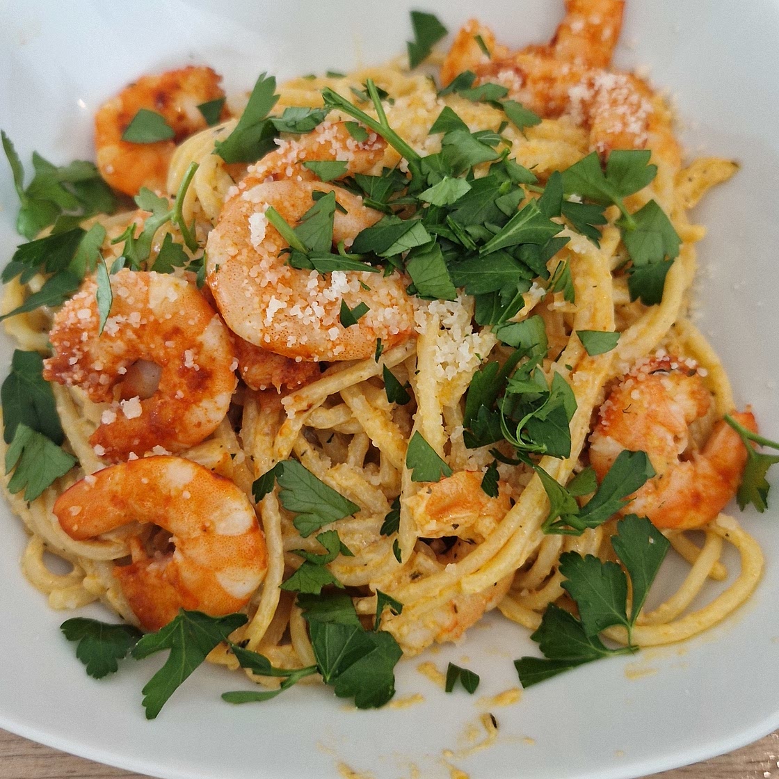 Pâtes crémeuses aux crevettes épicées