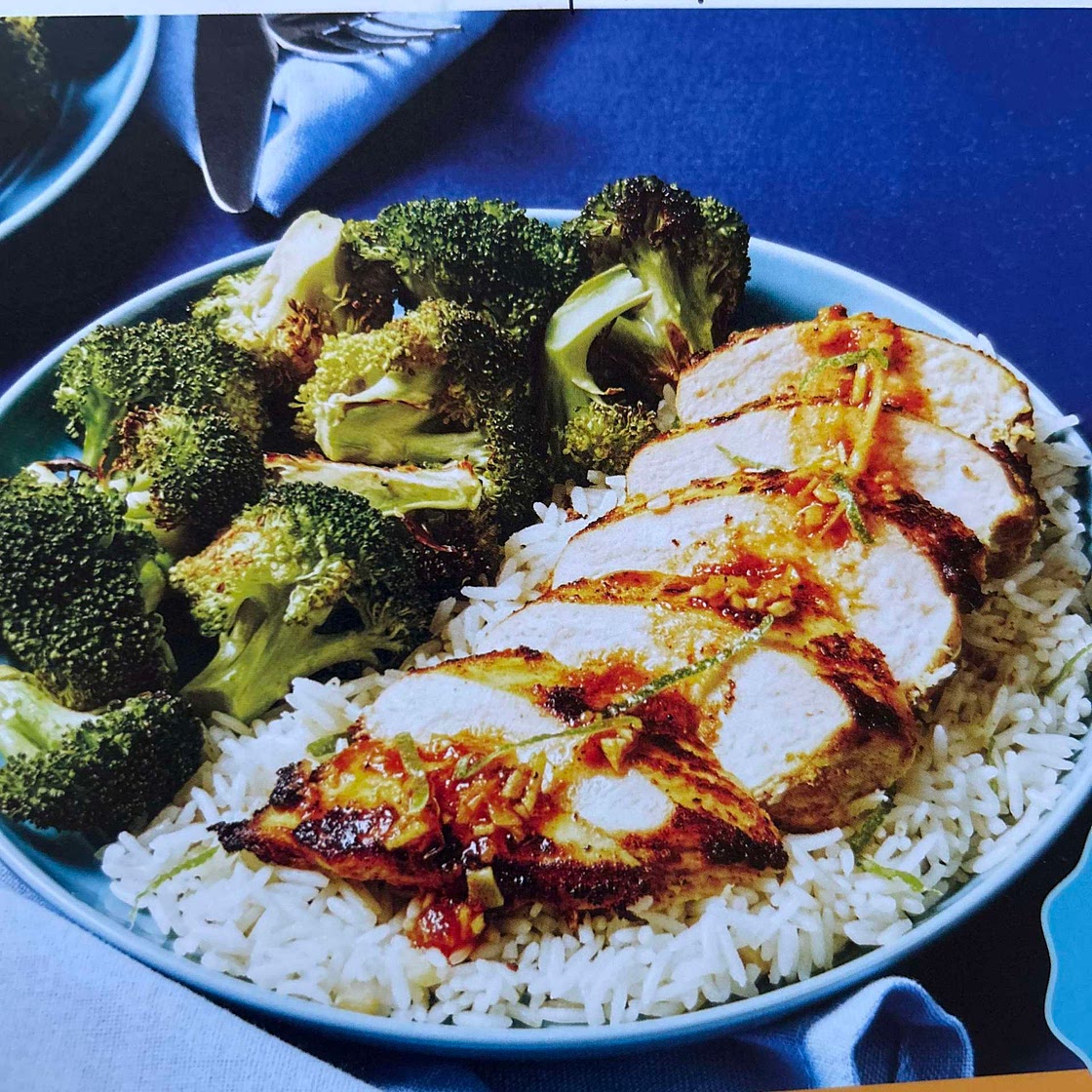 Curry-marinated chicken over lime rice