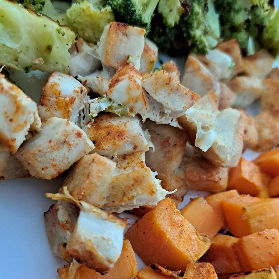 Poulet rôti à la poele, Patate douce et Brocoli