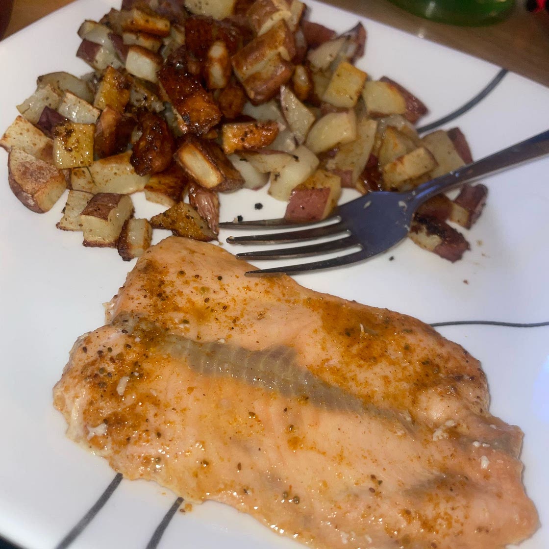 One Sheet-Pan Garlic Butter Salmon + Red Potatoes