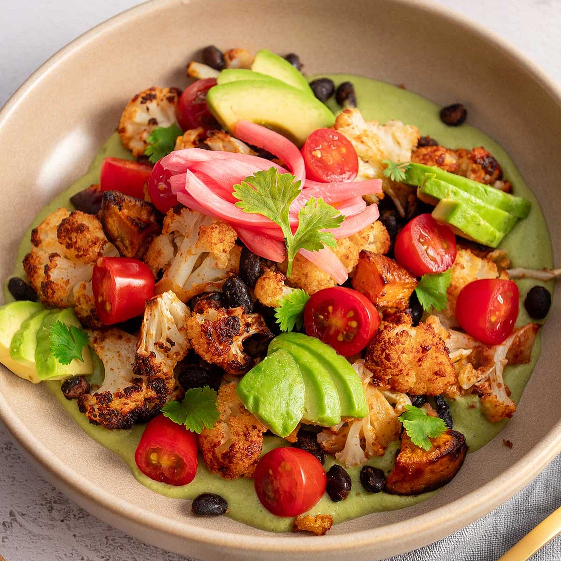 Roasted Sweet Potato & Cauliflower Bowl in Creamy Cilantro Sauce