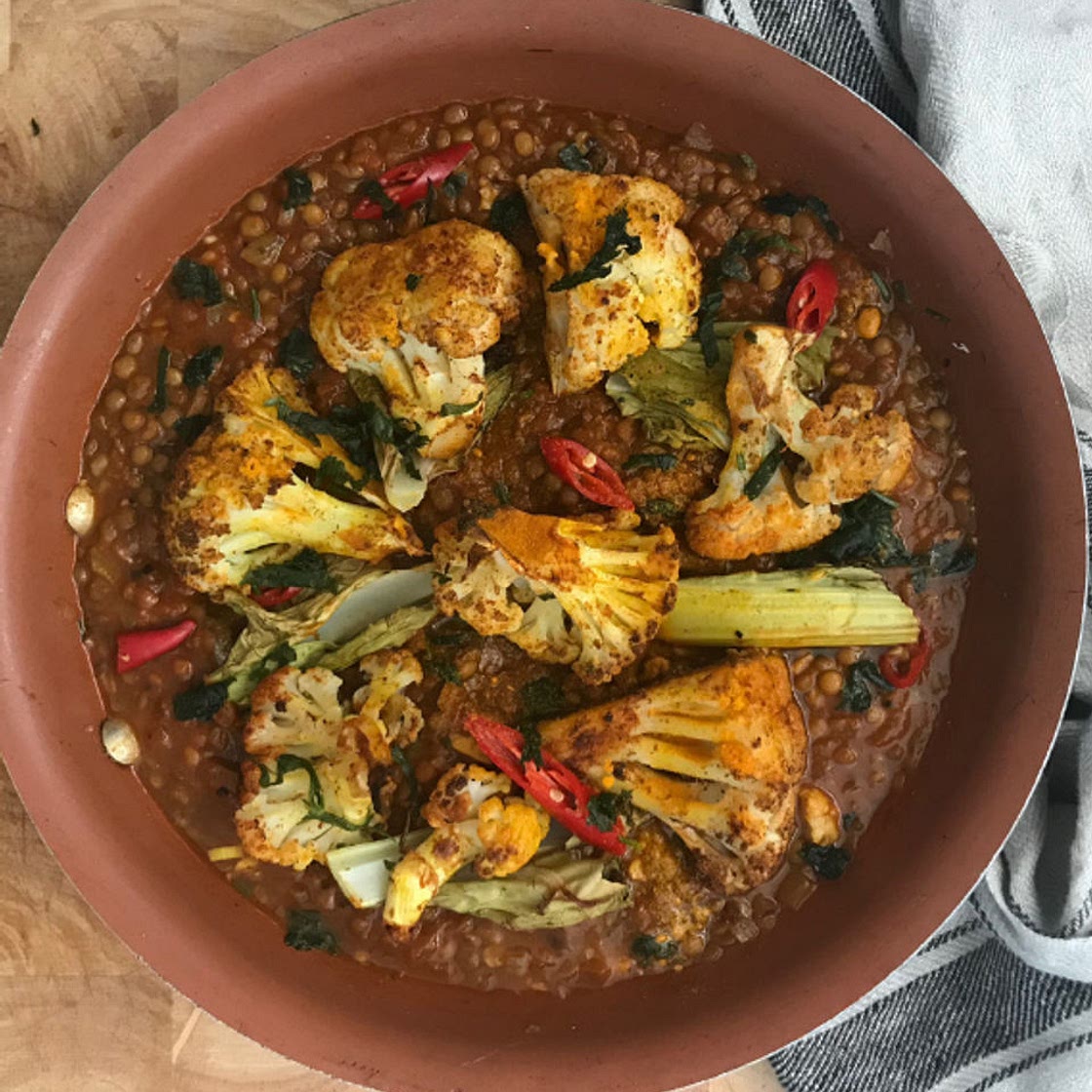 Roasted Turmeric Cauliflower with Smoky Puy Lentils