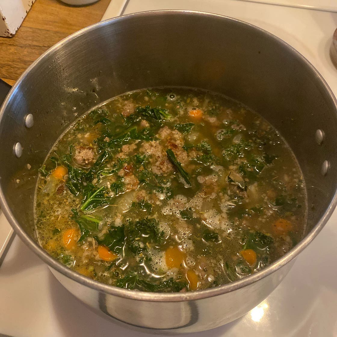 One-Pot Chicken Sausage & Kale Soup with Couscous & Garlic Ciabatta Toasts