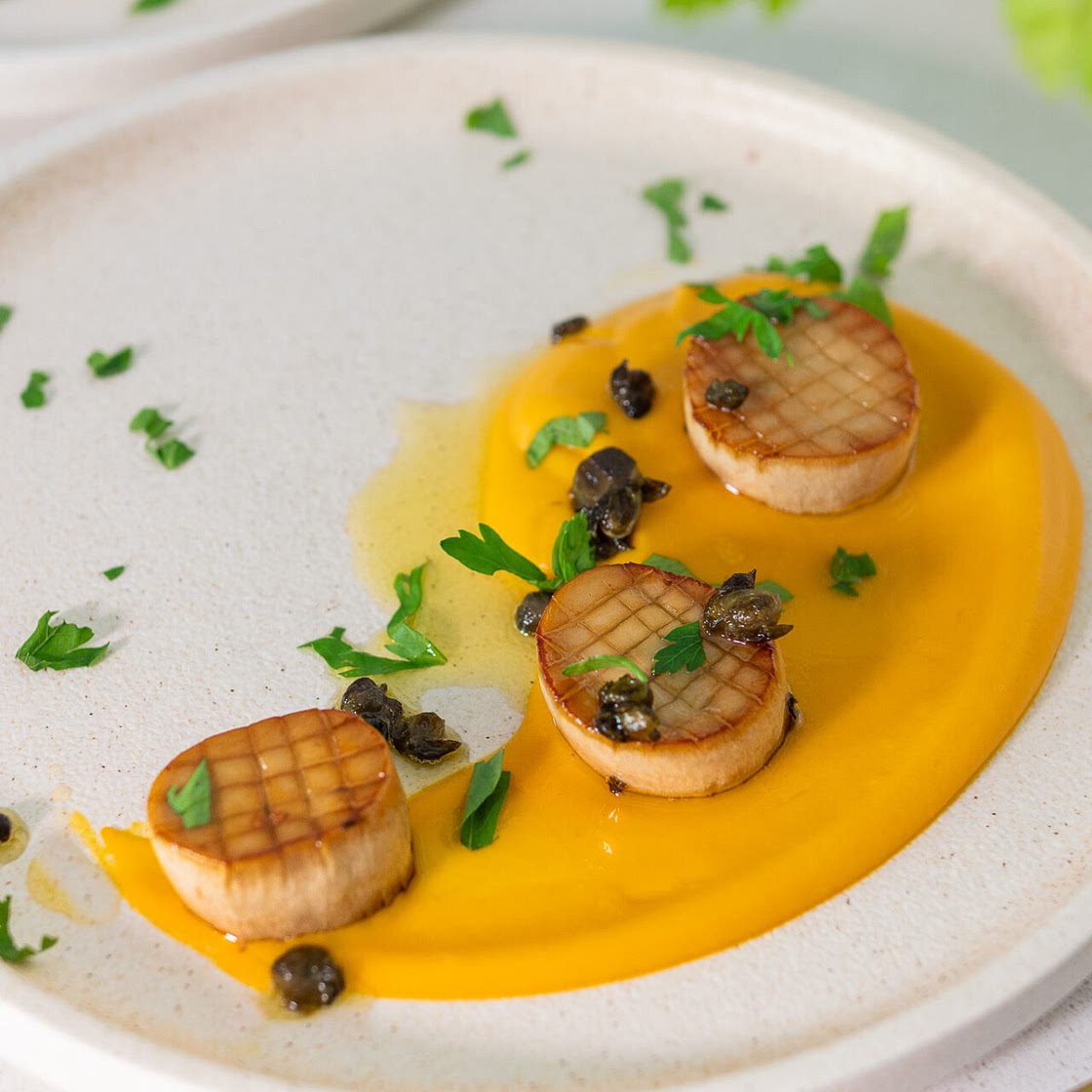 King Oyster Mushroom Scallops with Sweet Potato Puree