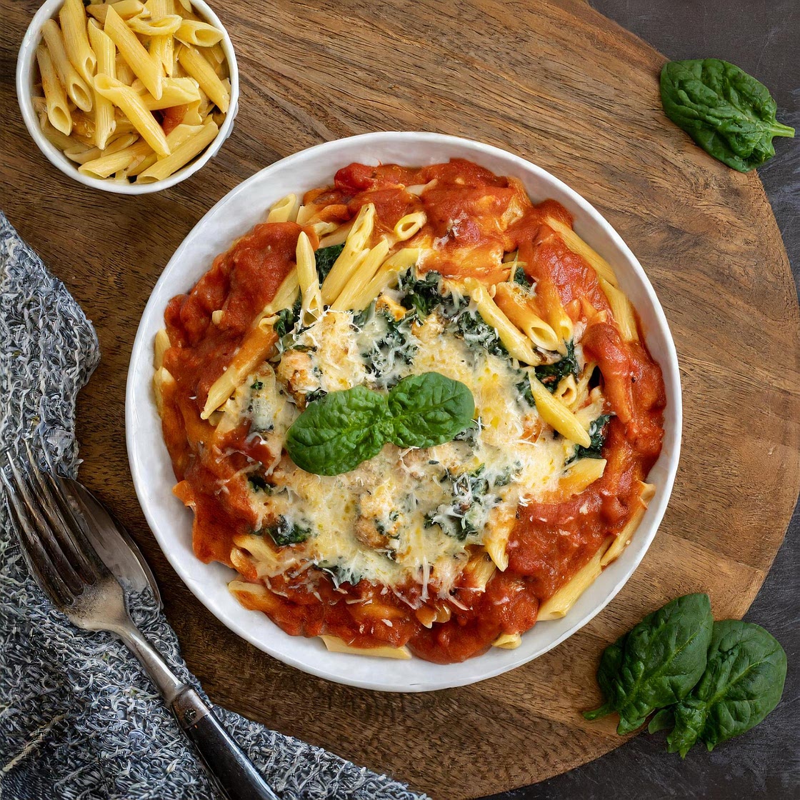 Tomato, Cheesy Chicken, and Spinach Pasta