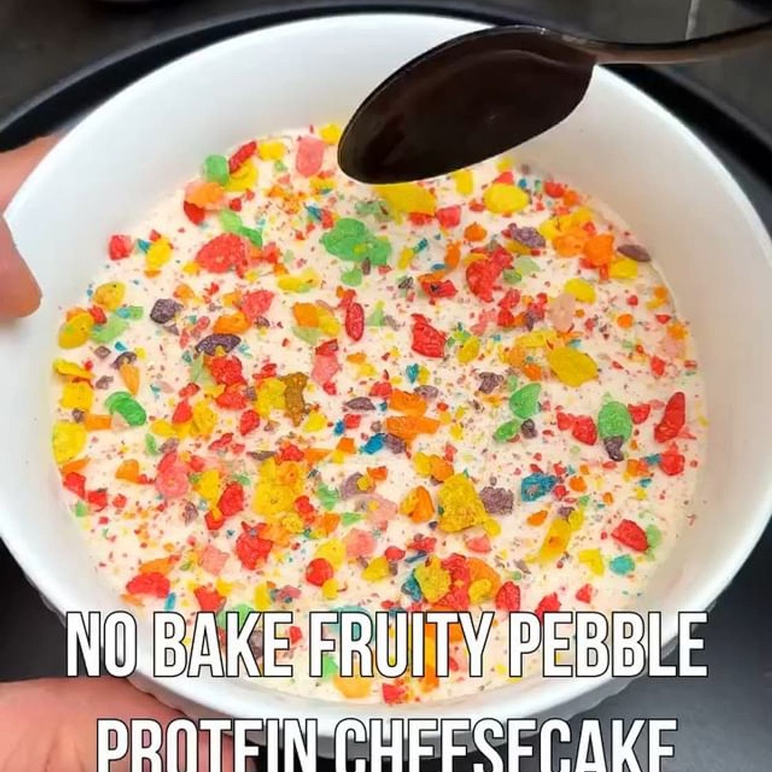 No Bake Fruity Pebble Protein Cheesecake