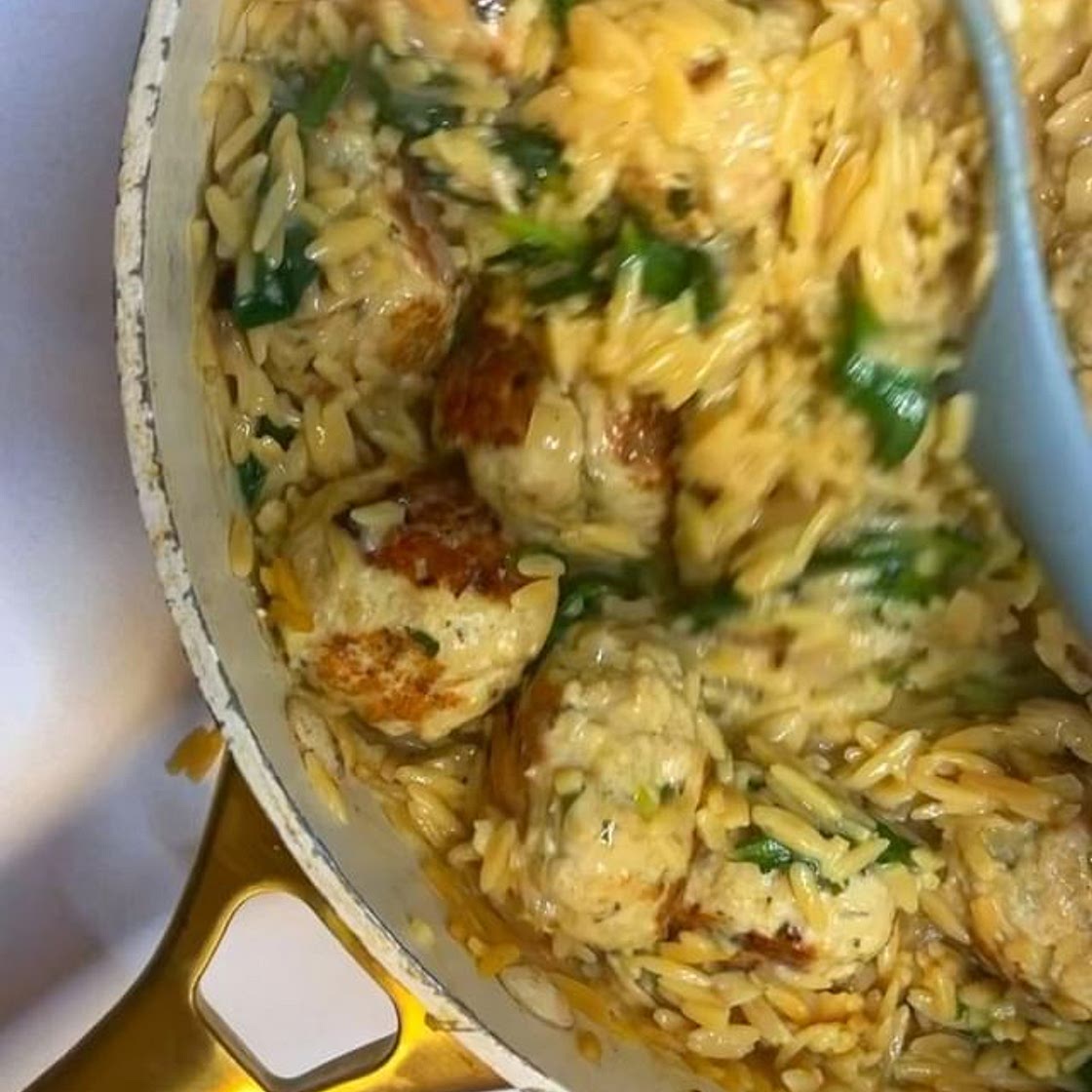 One-Pot Turkey and Feta Meatballs with Orzo
