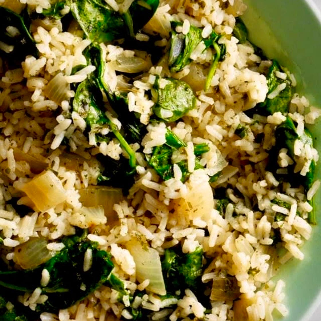 Meatless Sbenekh W’ Riz or (Spinach & Rice Pilaf).