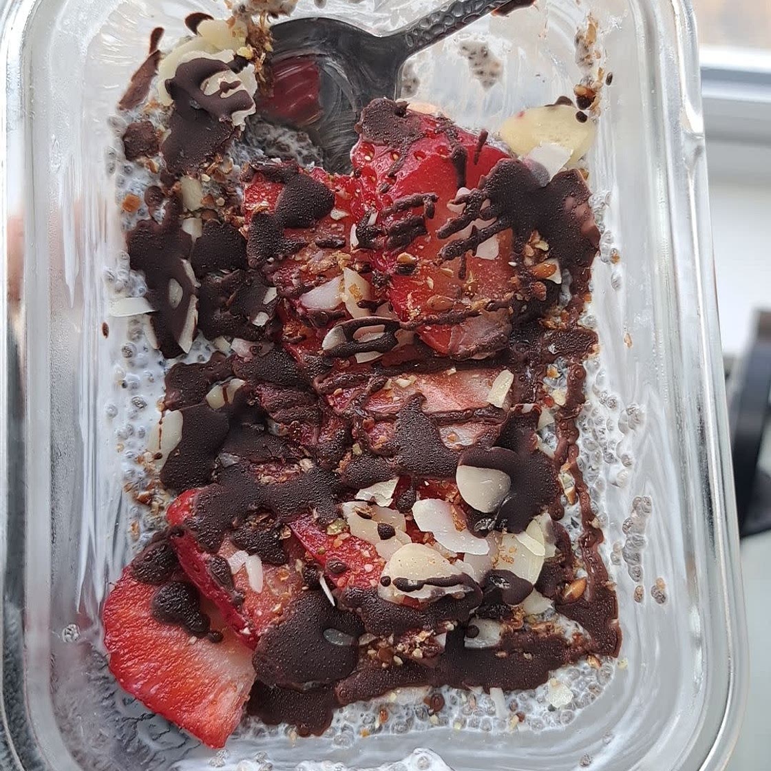 Strawberry & chocolate drizzle almond chia pudding