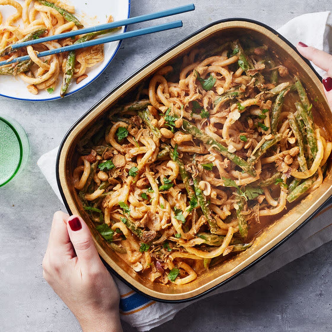 Tray Bake: Peanut Udon Noodles with Green Beans & Fried Onions