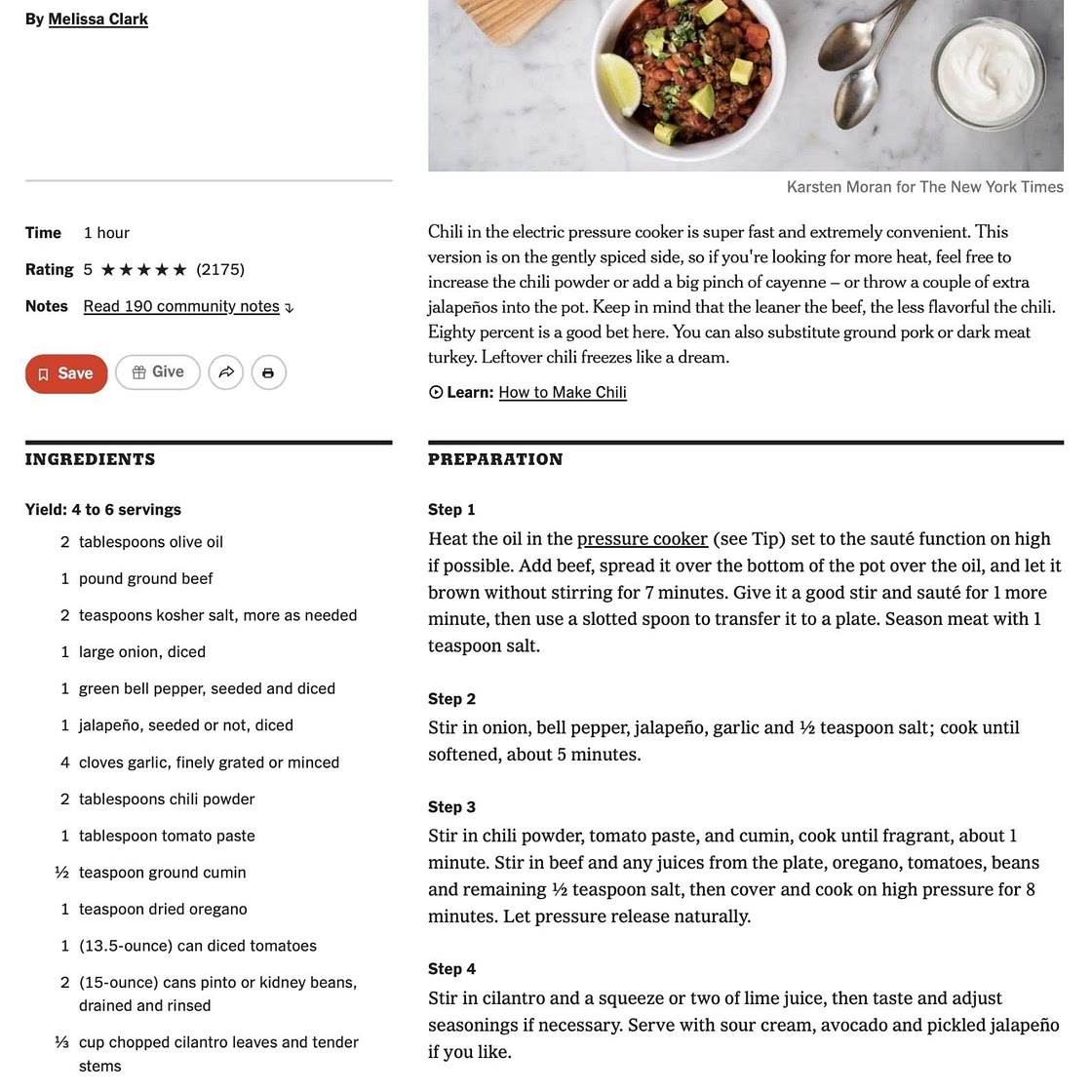 Pressure Cooker Classic Beef Chili
