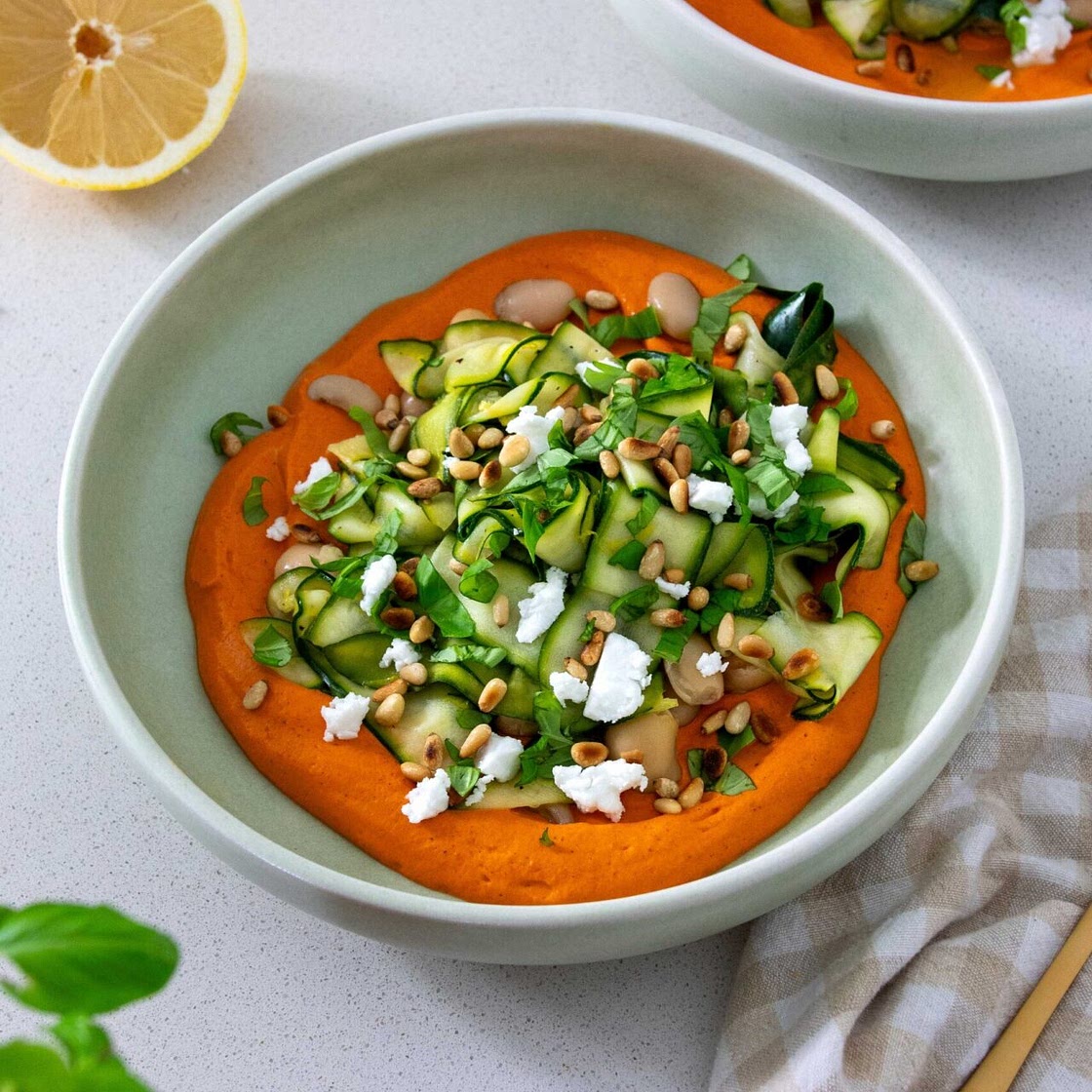 No Cook Zucchini and Butter Bean Salad with Romesco Inspired Sauce