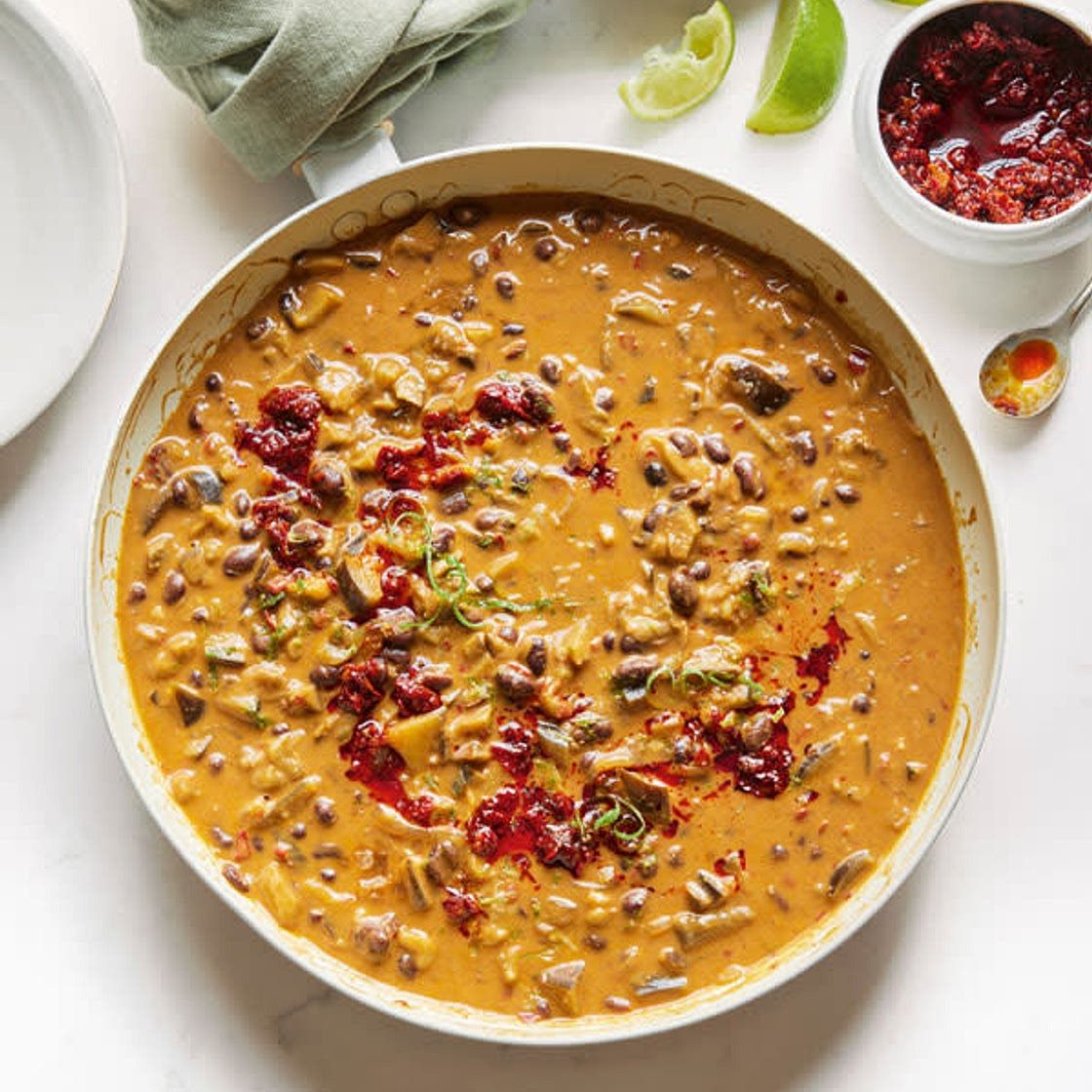 Creamy black bean, harissa and almond butter stew