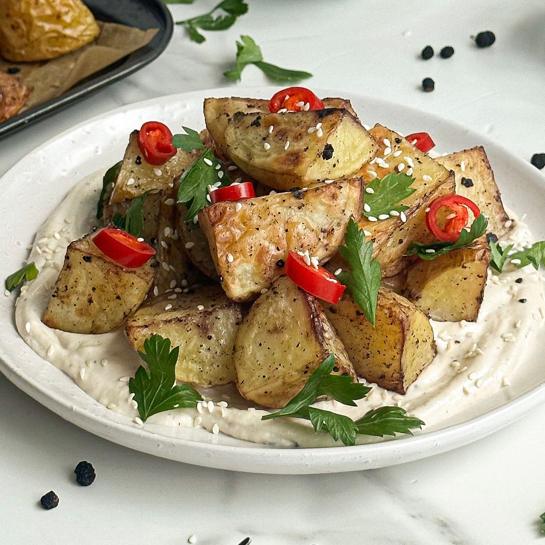 Dirty Potatoes on Whipped Tahini