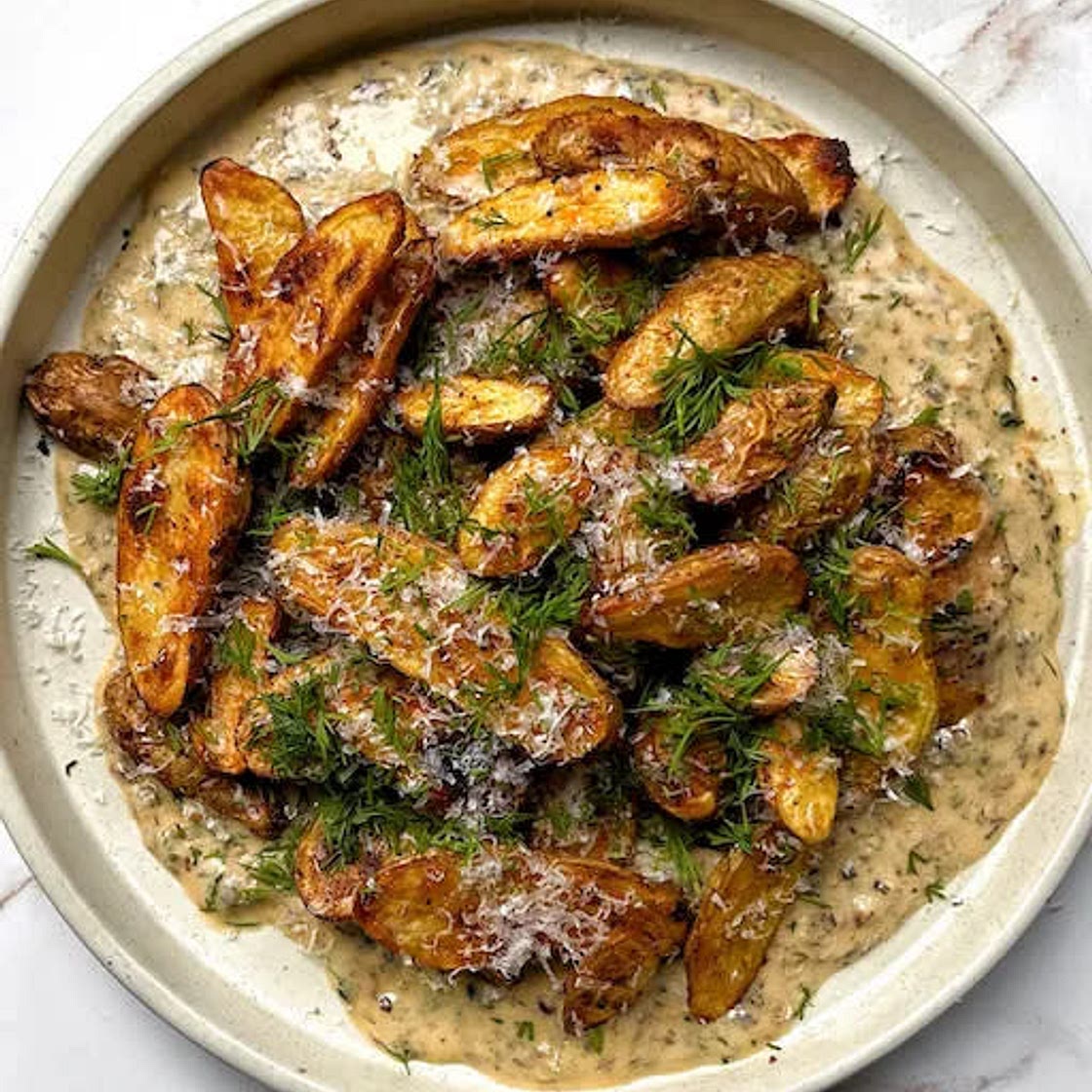 Roasted Fingerling Potatoes with Hot Honey Yogurt Ranch