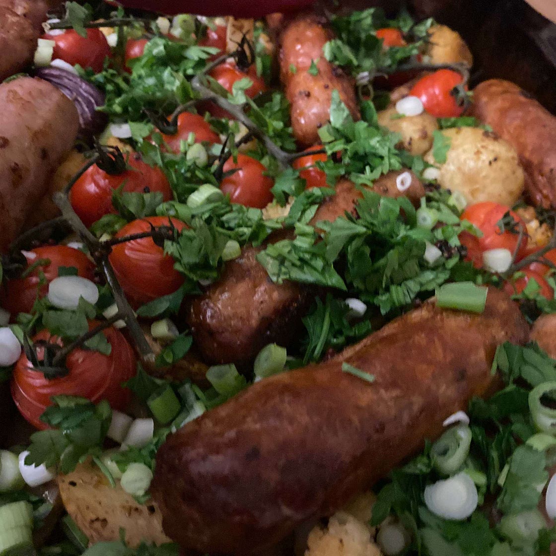 Smoky sausage traybake