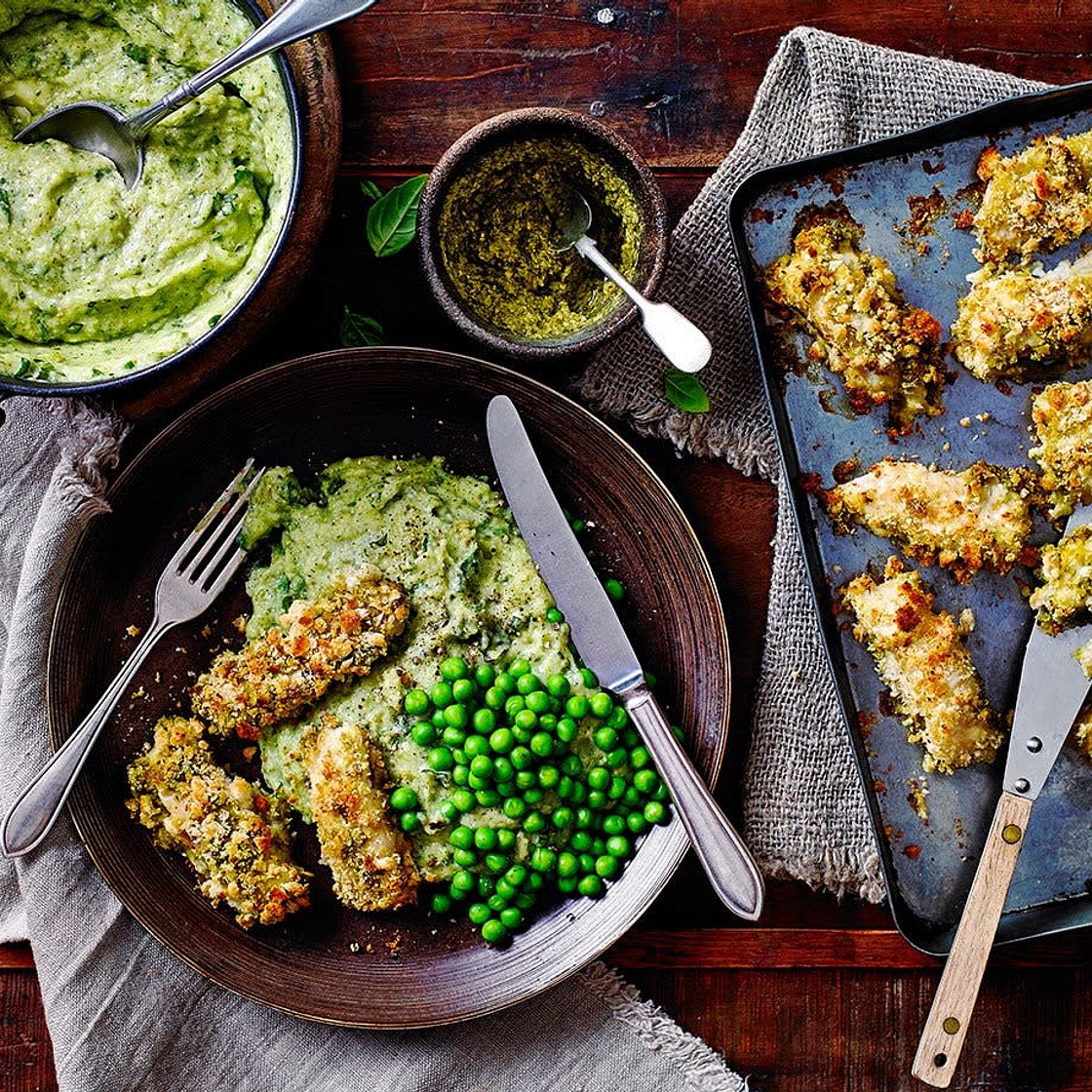 Pesto fish fingers with broccoli mash recipe