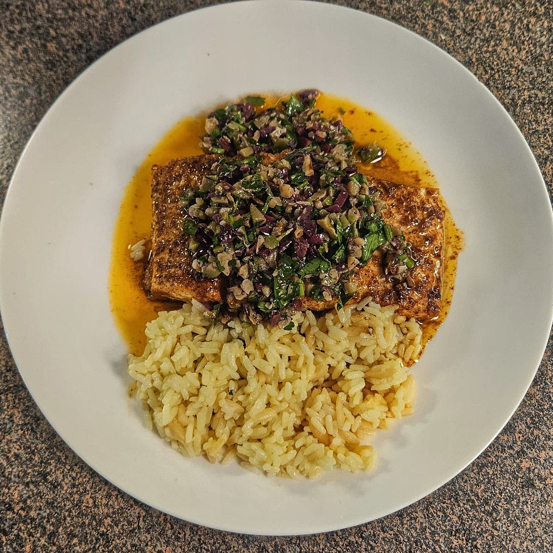 Slow-Roasted Salmon with Walnut-Olive Vinaigrette
