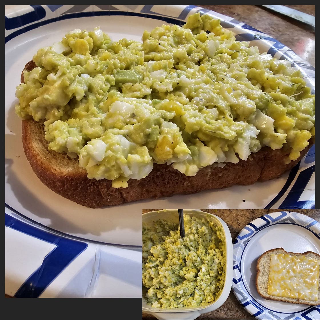 Open-faced avocado egg salad sandwich
