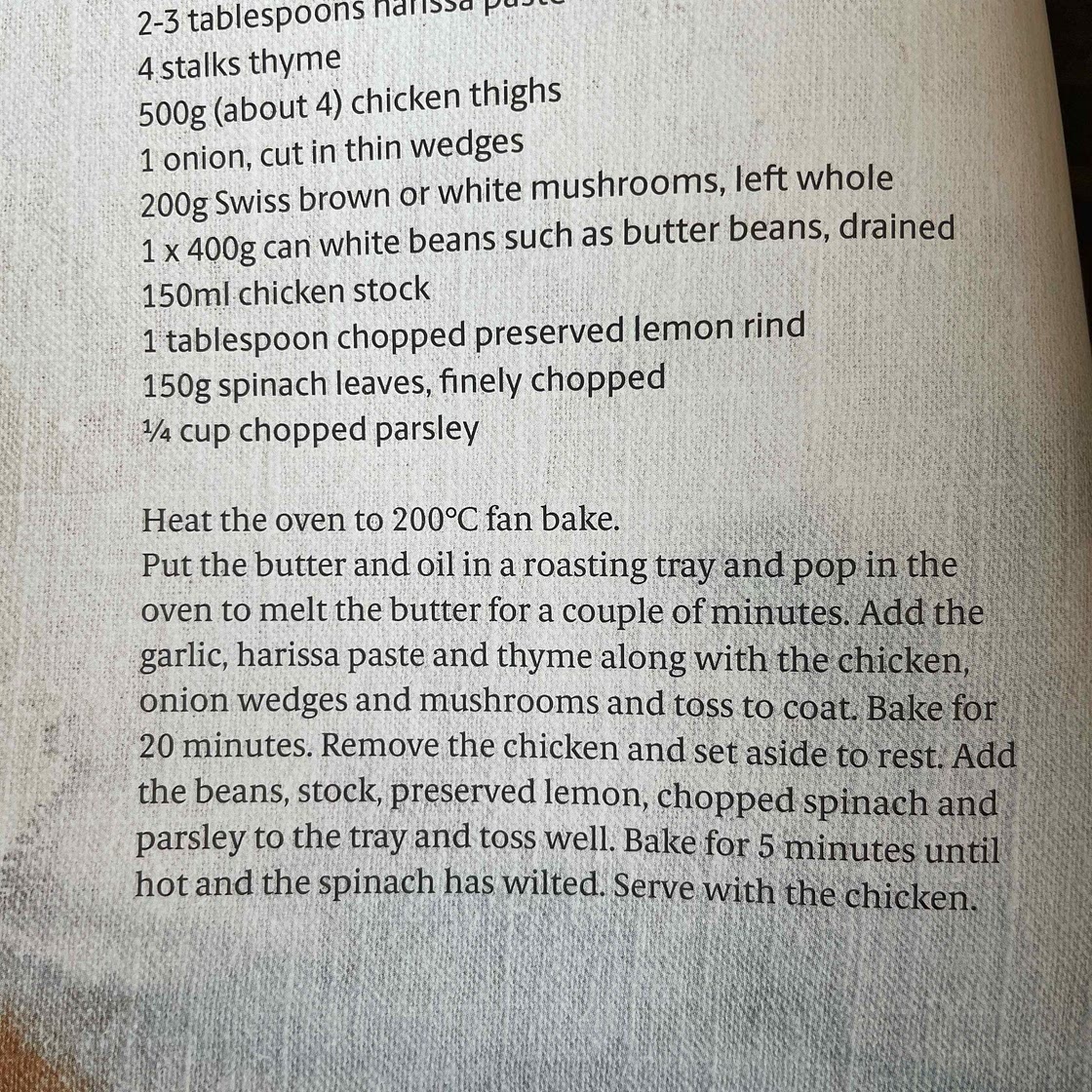 Garlic harissa chicken, mushroom & bean bake - cuisine 218, p40